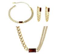 tenghong2021 Juego de collar y pulsera y aretes de circonita cuadrada verde retro para mujer, joyería a juego, joyería a juego, joyería para mujer, niña, boda, novia, aretes colgantes, zinc, ámbar