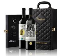 «Tengo un plan: Bla Bla Bla y Glu Glu Glu» Mensaje en una Botella. Estuche-Maletín de LUJO 2x Vino Tinto Premium Reserva 12 Meses y Set de 4 Accesorios. Etiqueta Blanca PERSONALIZABLE