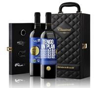 «Tengo un plan: Bla Bla Bla y Glu Glu Glu» Mensaje en una Botella. Estuche-Maletín de LUJO 2x Vino Tinto Premium Reserva 12 Meses y Set de 4 Accesorios. Etiqueta Azul PERSONALIZABLE