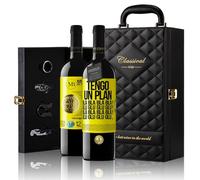 «Tengo un plan: Bla Bla Bla y Glu Glu Glu» Mensaje en una Botella. Estuche-Maletín de LUJO 2x Vino Tinto Premium Reserva 12 Meses y Set de 4 Accesorios. Etiqueta Amarilla PERSONALIZABLE