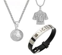 TENGWA 3 Piezas Regalos de Futbol para Niños Número 10 Collar Longitud 51 cm Pulsera Niño 22,5 cm Plata Ajustable para Niños Aficionados al Fútbol Seguidores y Cumpleaños