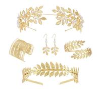 TENGWA Diosa Griega Accesorios 5 Piezas Corona Laurel Romana Bohemio Accesorios Diosa Griega Diadema Pendientes Pulsera Brazalete Ideal para Bodas Toga Party Carnavales y Halloween