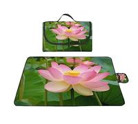 TengYuer Impermeable Manta de Picnic 100x150cm, Manta Picnic Portátil Suave Alfombra de Playa al Aire Libre Plegable con Asa para Viajes Picnic Camping Flor Loto Rosa