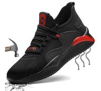 Tenis de Seguridad 42 Mujer Hombre Zapatillas de Trabajo Zapatos con Puntera de Acero Deportivo Comodas Sneakers de Industria y Construcción para Verano Negro Rojo 797