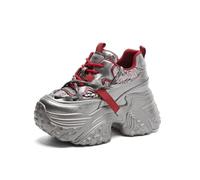 Tenis gruesos para mujeres y niñas, zapatos de vestir con plataforma de 3 pulgadas para caminar para todas las estaciones, Plateado y rojo, 38.5 EU