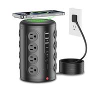 TenTrend - Protector de sobretensiones para torre, 16 tomacorrientes y 5 puertos USB (2 USB-C), estación de carga de 2000 julios, cable de extensión de enchufe plano de 6 pies para hogar, oficina