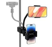 Tentucro Soporte para teléfono 2 en 1, soporte para teléfono, abrazadera de mástil de cuello de cisne para teléfonos celulares, Logitech Webcam C920 C930, luces LED, micrófono, guitarra, batería