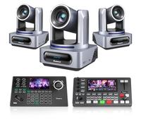 Tenveo Cámara PTZ 4K NDI con Seguimiento por AI y Zoom Óptico 20X（3PCS）+KB200MAX Joystick de cámara +Mezclador de Video