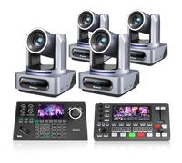 Tenveo Cámara PTZ 4K NDI con Seguimiento por AI y Zoom Óptico 20X（4PCS）+KB200MAX Joystick de cámara +Mezclador de Video