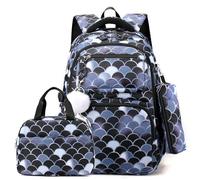 TENYELE Juego de mochila de nailon con estampado moderno con bolsa de almuerzo y estuche para lápices, adecuado para mujeres y hombres, mochilas escolares para niños, Black, One Size