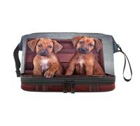 Teo Puppies in a Vintage Wooden Box - Neceser de doble capa para mujeres y niñas, neceser de viaje para maquillaje, organizador práctico con compartimento para cepillos, multicolor, 27x15x14