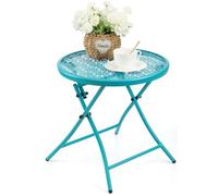 TeoKJ Mesas auxiliares plegables para exteriores, antioxidantes, mesa auxiliar redonda de metal con recortes de flores para porche, patio, balcón, terraza, césped, color azul
