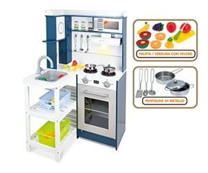 Teorema 40644 - Cocina de Juguete Angular de Madera, Altura 50 cm, con electrodomésticos Luminosos y sonores, Utensilios de Cocina y Fruta/Verduras con Velcro.