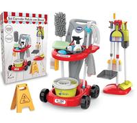 Teorema Giocattoli, Carro para niños con soporte portaherramientas, juego de limpieza completo con aspirador de juguete a batería funcional, escoba, fregona y muchos accesorios, juego de imitación, 58
