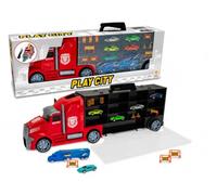 Teorema, Play City Camión Bisarca Maletín con 26 Compartimentos, con 6 Coches, un Tir y señales de Carretera, Escala 1:30, Movimiento por fricción, Colores Surtidos Rojo y Negro, Longitud 64 cm