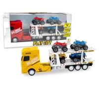 Teorema Play City Camión Bisarca WJ950 Transport con Quads, Escala 1:30, Movimiento de Embrague, Colores Surtidos Rojo y Amarillo