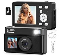 Teoryieer Cámara Digital, Cámara Compacta Digital 4K de 64 MP, Tarjeta de 32 GB, Antivibración, Zoom de 18 Aumentos, Cámara para Vlogs para Adolescentes y Adultos Principiantes (Cuero Negro)