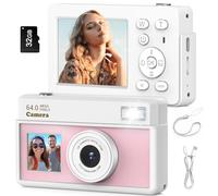 Teoryieer Cámara Digital, Cámara Compacta Digital 4K de 64 MP, Tarjeta de 32 GB, Antivibración, Zoom de 18 Aumentos, Cámara para Vlogs para Adolescentes y Adultos Principiantes (Rosa Blanco)