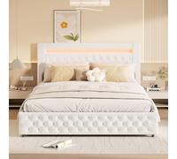 TEOSTWF Marco de cama doble de 140 x 200 cm, otomano tapizado con cabecero ajustable y luz LED para adultos, adolescentes y niños, poliuretano (blanco)