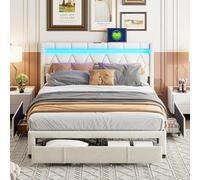 TEOSTWF Marco de cama doble tapizado de 140 x 190 cm, cama otomana de almacenamiento con palanca hidráulica, cajón e iluminación LED, marco de cama doble otomano de tela de terciopelo (beige, 201 x