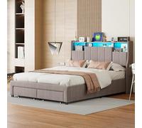 TEOSTWF Marco de cama doble tapizado de 140 x 200 cm, cama otomana de almacenamiento con palanca hidráulica, cajón e iluminación LED, marco de cama doble otomano de tela de terciopelo (gris, 216 x 141