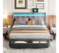 TEOSTWF Marco de cama doble tapizado de 140 x 200 cm, cama otomana de almacenamiento con palanca hidráulica, cajón e iluminación LED, marco de cama doble otomano de tela de terciopelo (gris)