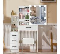 Teousev Tocador de Maquillaje con Luz Regulable y Espejo Deslizante, Mesa de Maquillaje Amplia con Taburete, 4 Cajones y 4 Estantes, 36×83×139 cm Blanco J1803