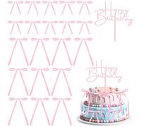 Teouuas 20 Piezas Lazo de Tarta con 1 Piezas Topper Cake Happy Birthday, Adornos para Tartas con Lazos Rosas, para Cumpleaños, Baby Shower, Aniversarios, Boda, Decoración de Pasteles