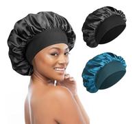 TEOZBLU 2 Pieces Bonnet Soie Cheveux Nuit, Bonnet de Sommeil Chapeau Nuit, Bonnet de Nuit en Satin pour Le Soin des Cheveux, Bonnet en Satin pour Femme-Negro, Azul