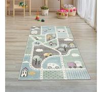 Teppich-Traum Alfombra Infantil Alfombra callejera niño con Calles y Autos en Azul Pastel Verde Größe 80x150 cm