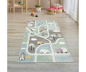Teppich-Traum Alfombra Infantil Alfombra callejera niño con Calles y Autos en Azul Pastel Verde Größe 80x150 cm