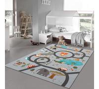 Teppich-Traum Alfombra Infantil Alfombra Lavable Antideslizante Alfombra Safari Roads Cars Animales Antideslizante Gris Cuadrada 200 x 200 cm
