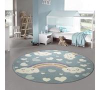 Teppich-Traum Alfombra Infantil Alfombra para habitación Infantil Arcoiris Nubes Corazones en Azul Größe 120 cm Rund