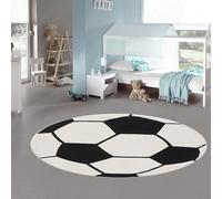 Teppich-Traum Alfombra Infantil Redonda fútbol Efecto 3D Blanco Negro Suave Apta para niños, 160 cm Redonda