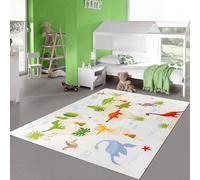 Teppich-Traum Alfombra Round Alfombra Infantil Dinosaurio Mundo de Juegos Antideslizante de Tejido Plano Que repele la por Suelo Radiante Resistente y fácil de cuidar Beige 120 cm Round