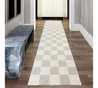 Teppich-Traum Alfombra salón Pasillo Corredor Zona de Entrada Pasillo Pasillo 3D Efecto Peluche Robot Aspirador Adecuado patrón de Cuadros en Beige, 80 x 300 cm