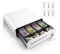 Tera Cajón de efectivo de 13 pulgadas: apertura automática con 6 llaves, acabado pesado, 4 compartimentos para billetes, 4 compartimentos para monedas, compartimento para dinero, compartimento para