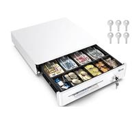 Tera Cajón Portamonedas Caja Registradora:33,5×33×10,4 cm 4 Compartimentos Billetes 6 Monedas 1 Compartimento Medios con Bandeja Extraíble RJ12 Llaves para POS Tienda Empresa Modelo 330R Blanco