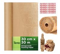 Tera Papel Acolchado Kraft Embalaje : Rollo 30 cm × 30 m 80gsm con 20 Pegatinas Fragile Estirable 1,6× Ecológico Reciclable Alternativa al Plástico de Burbujas