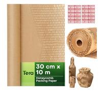 Tera Papel de panal de abeja, material de embalaje, rollo de 30 cm x 10 m, papel de embalaje: 80 g/m² con 20 pegatinas "Frágil", alternativa a la burbuja de aire 1,6x, elástico, ECO, reciclable, papel