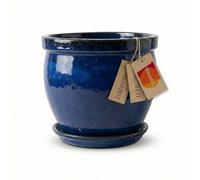 Teramico Macetero de cerámica con plato de 21 cm de diámetro, hecho a mano, de gres, resistente a las heladas, esmaltado para interior y exterior, decoración de jardín (azul real)