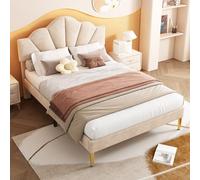 Terciopelo, rojo lit, 140 x 190 cm, doble lit, lit en forma de coquille avec pieds en fer doré, tête de lit réglable en Hauteur, sommier à Lattes en Bois, beige