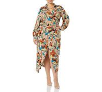 TEREA Vestido largo cruzado Raina para mujer, detalle drapeado, estampado de grullas en color rojo Adobe, 5XL Grande