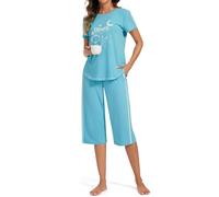 Terecey Pijama Mujer Verano Algodon Conjunto de Pijama de 2 Piezas Dormir Top Manga Corta y 3/4 Pantalones para Casa Casual Suave y Comodo