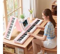 TERENCE Piano Plegable de 88 Teclas, con Teclado de Fuerza, Piano Plegable con Grabación y Soporte Bluetooth, Pedal y Altavoz de 4 Unidades, Preferido para Principiantes,rosa