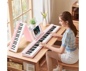 TERENCE Piano Plegable de 88 Teclas, con Teclado de Fuerza, Piano Plegable con Grabación y Soporte Bluetooth, Pedal y Altavoz de 4 Unidades, Preferido para Principiantes,rosa