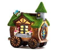 TERESA'S COLLECTIONS Adorno Jardín Exterior, Casa de Hadas Luces Solares LED, Decoracion de Jardin Hogar de Resina de Casa del Arbol Habitante con Verde Musgo, Carro y Hada, 17,5 cm