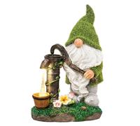 TERESA'S COLLECTIONS Adornos Jardin Exterior，Bonito Bombeo de Agua Verde Gonk con Luces Led Solares，Adornos de Gnomos de Resina Impermeable，Decoración de Interior y Exterior，21 cm