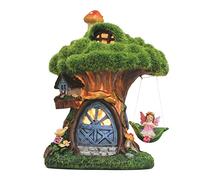 TERESA'S COLLECTIONS Casa de Hadas Estatua Exterior con Luces Solares para Adorno Jardín Exterior, Adornos de Resina Impermeable, Adorno para Césped y Patio, Regalo para Mamá y Mujer, 20,2 cm