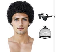 Tereshar Peluca de pelo corto rizado para hombre + gafas para hombre de los años 70 y 80, peluca de discoteca afro rizada, pelucas negras rockeras, disfraz de elfo, Halloween, cosplay (1B)